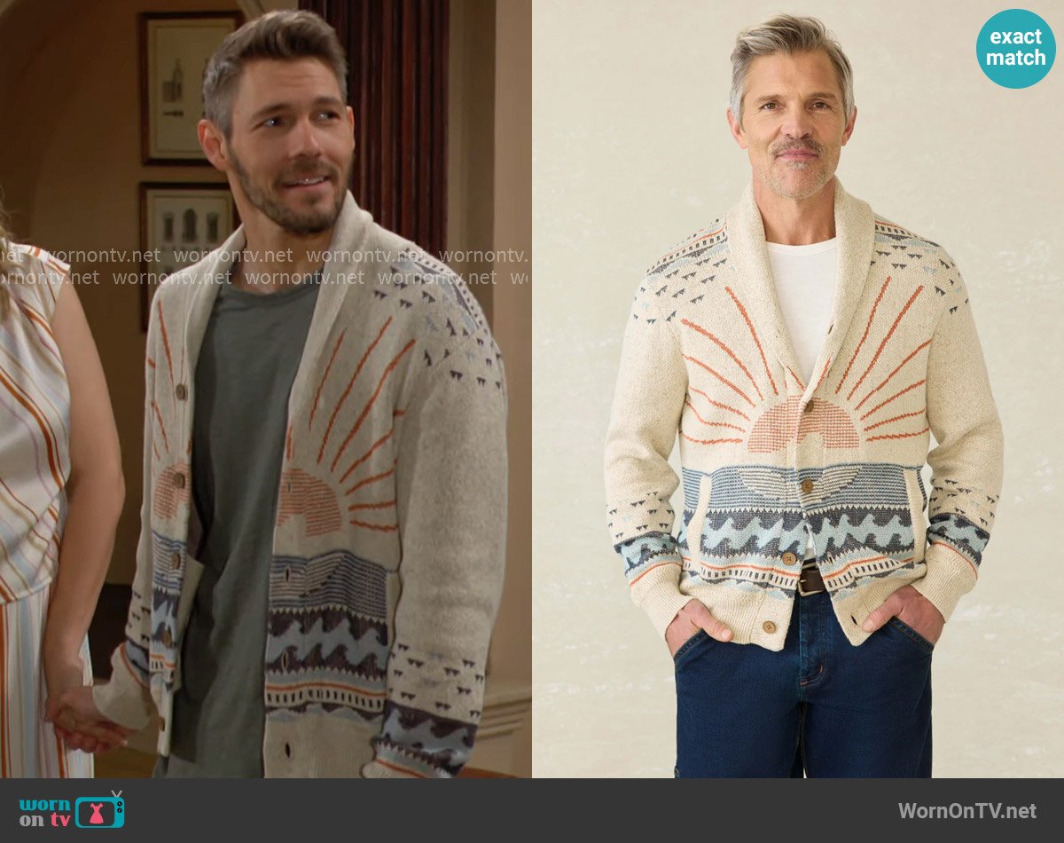 Faherty Cardigan Sweater in Sand Island worn by Liam Spencer (Scott Clifton) on The Bold and the Beautiful