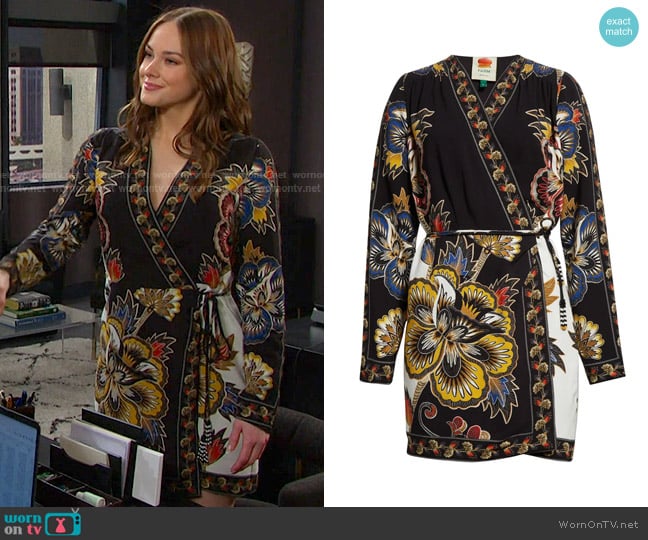 Farm Rio Floral Border Print Wrap Minidress worn by Stephanie Johnson (Abigail Klein) on Days of our Lives