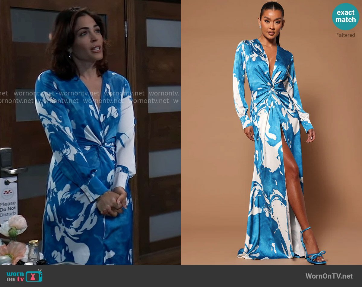 Fashion Nova Melissa Satin Maxi Dress in Turquoise worn by Britt Westbourne (Kelly Thiebaud) on General Hospital