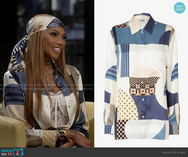 Sandra Denton’s patchwork print shirt on GMA