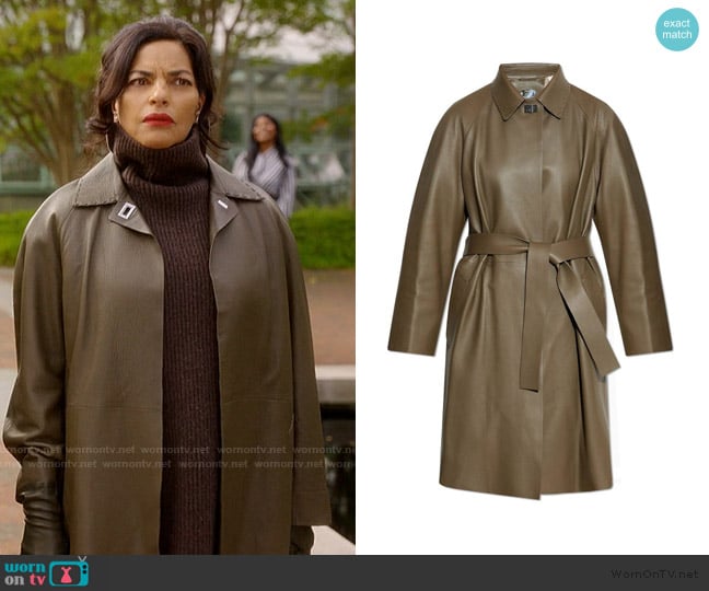 Seema’s khaki leather coat on And Just Like That