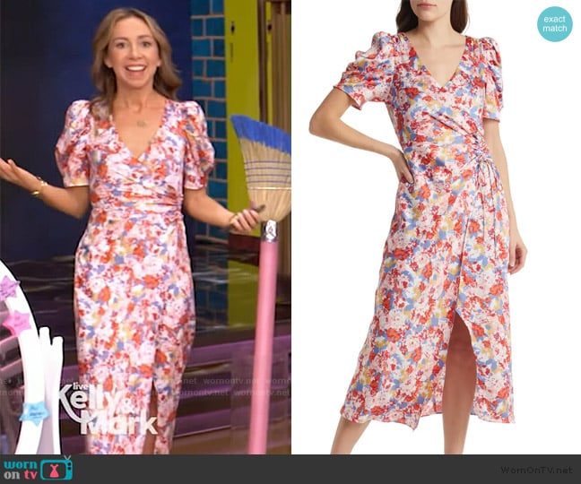 Floret Studios Floral Satin Faux Wrap Midi Dress worn by Shannon Doherty on Live with Kelly and Mark