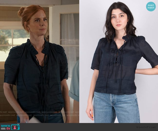 Frame Tie Neck Ruffle Collar Blouse worn by Katherine Walter (Sarah Rafferty) on My Life with the Walter Boys