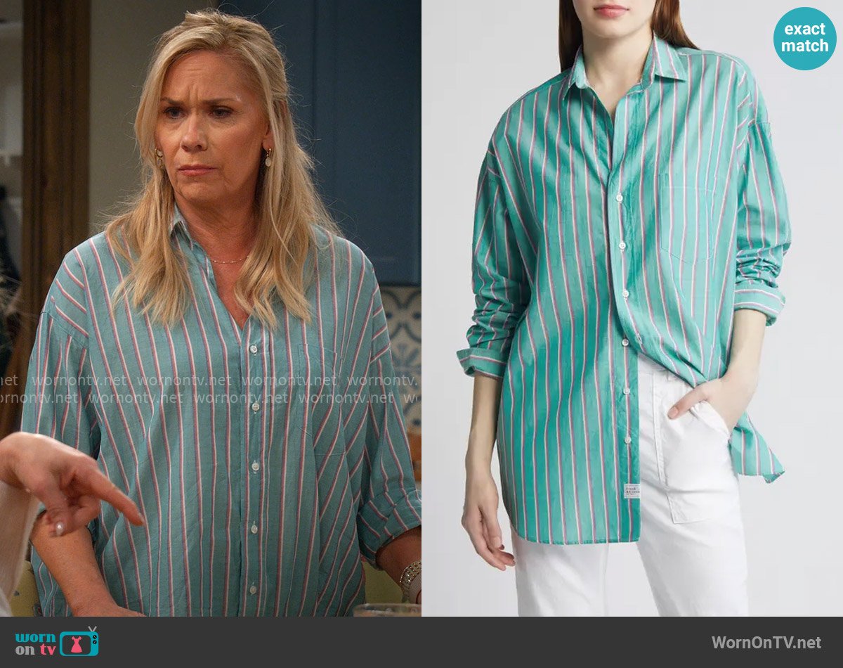 Frank and Eileen Shirley Tunic Shirt in Green Stripe worn by Leanne Murphy (Leanne Morgan) on Leanne