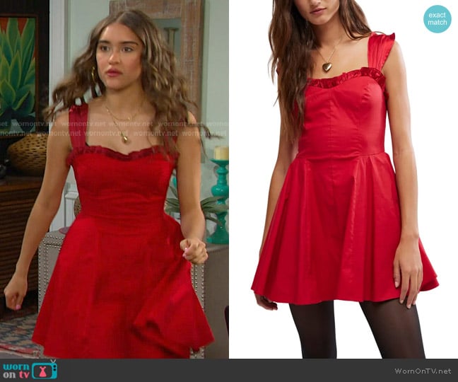 Free People Midnight Magic Mini Dress in Red Dahlia Combo worn by Arianna Horton (Marissa Reyes) on Days of our Lives