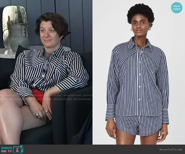 French Connection Alexis Cotton Angled-Yoke Shirt in Marine/Summer White worn by Kristie D'Ambrosio-Correll on Today