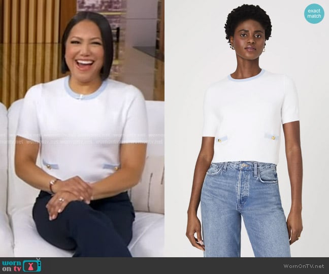 French Connection Babysoft Short Sleeve Top in Summer White/Sky Blue worn by Stephanie Ramos on Good Morning America