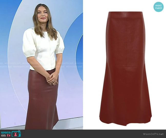 Gabriela Hearst Edwardo Raw Cut Midi Skirt in Burnt Sienna Soft Leather worn by Maria Sharapova on Today
