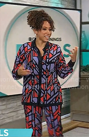 Gabrielle Kerr’s purple and red geometric print shirt and pants set on CBS Mornings