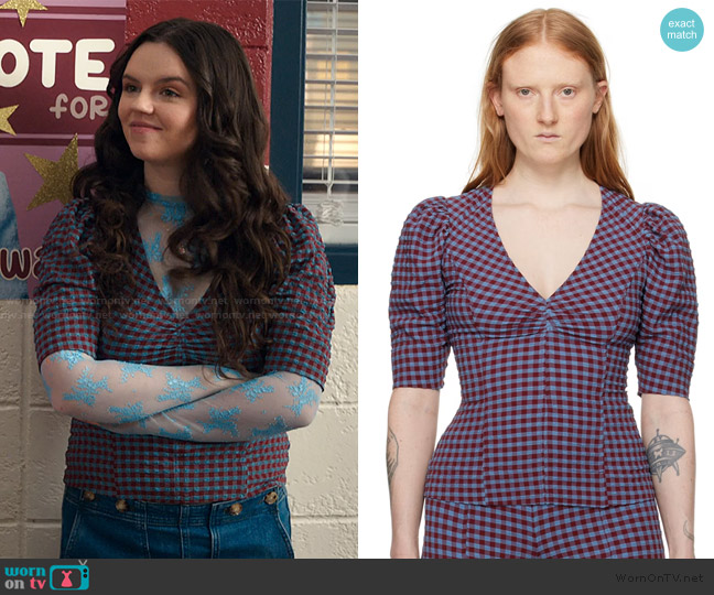 Ganni Blue & Red Check Blouse worn by Grace (Ellie O’Brien) on My Life with the Walter Boys