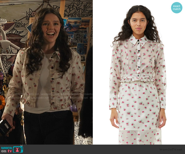 Ganni Cropped floral organza-jacquard shirt worn by Grace (Ellie O’Brien) on My Life with the Walter Boys