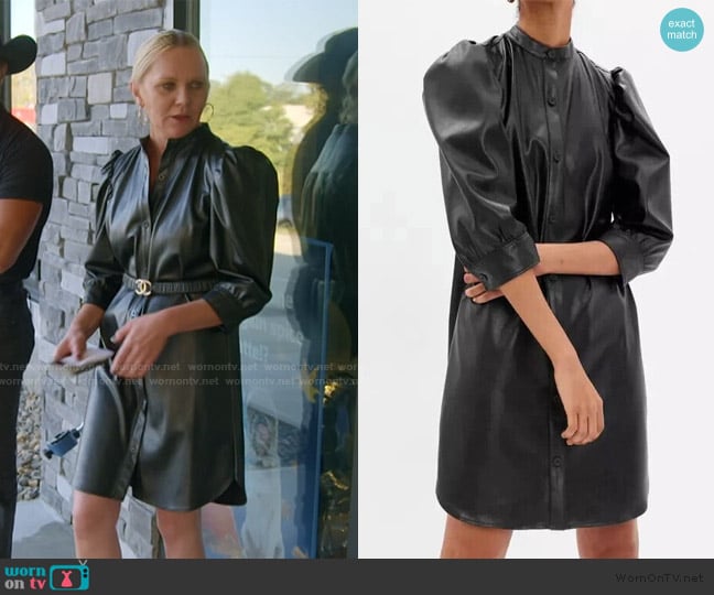 Gap Puff Sleeve Faux-Leather Mini Shirtdress worn by Galyna Saltkovska on The McBee Dynasty Real American Cowboys