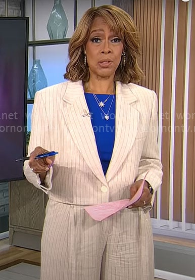 Gayle King’s beige pinstripe cropped blazer and pants on CBS Mornings