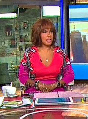 Gayle King’s pink and red printed v-neck dress on CBS Mornings