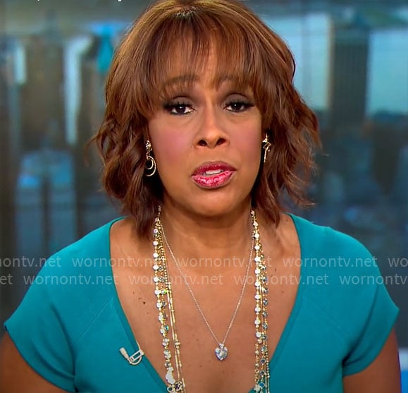 Gayle King’s teal v-neck dress on CBS Mornings