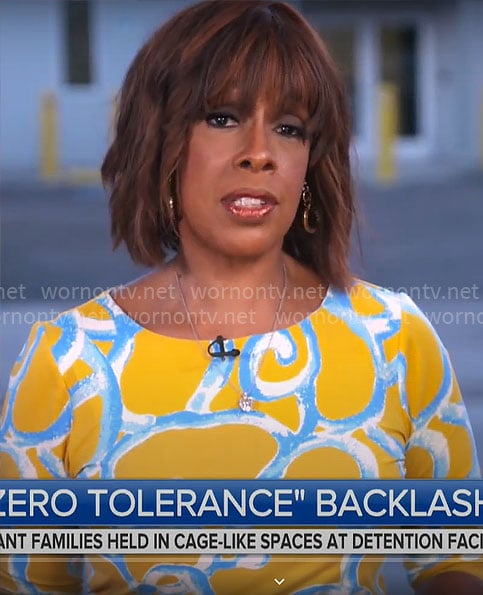 Gayle King’s yellow and blue printed dress on CBS Mornings