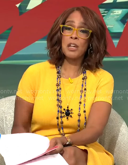 Gayle King's yellow short sleeved midi dress on CBS Mornings