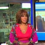 Gayle King’s pink and red printed v-neck dress on CBS Mornings