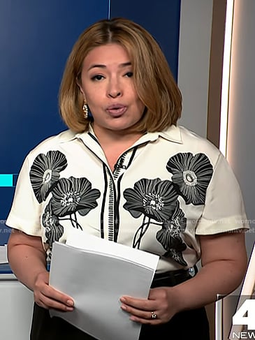 Gilma Avalos’s white and black floral print shirt on NBC News Daily