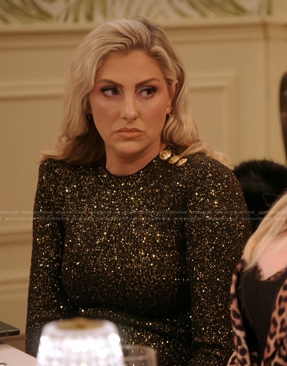 Gina’s metallic button shoulder dress on The Real Housewives of Orange County