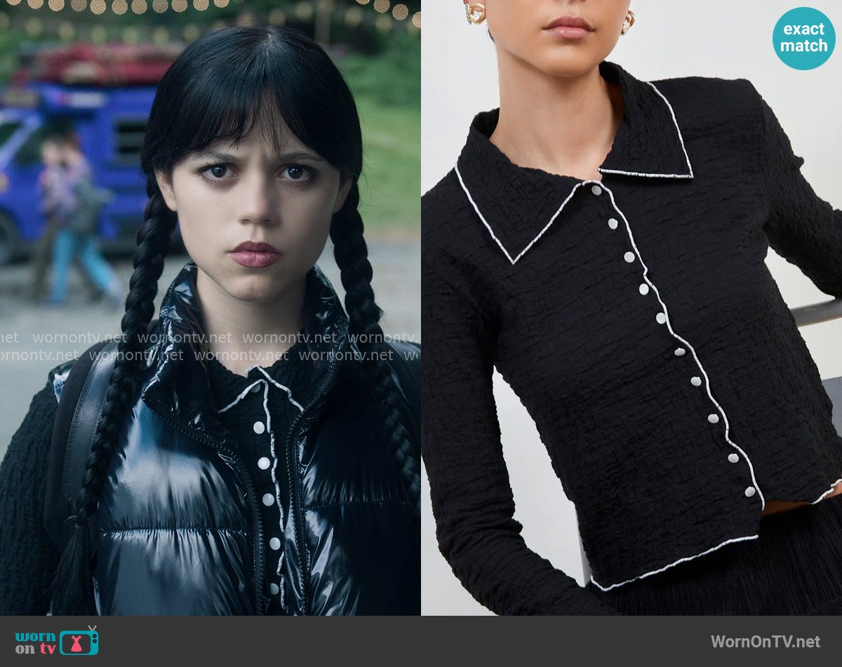 Glassworks London Black and white trim button up top worn by Wednesday Addams (Jenna Ortega) on Wednesday