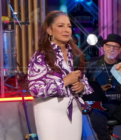 Gloria Estefan's purple printed tie waist top on Good Morning America