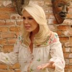 Gretchen’s white floral print top on The Real Housewives of Orange County