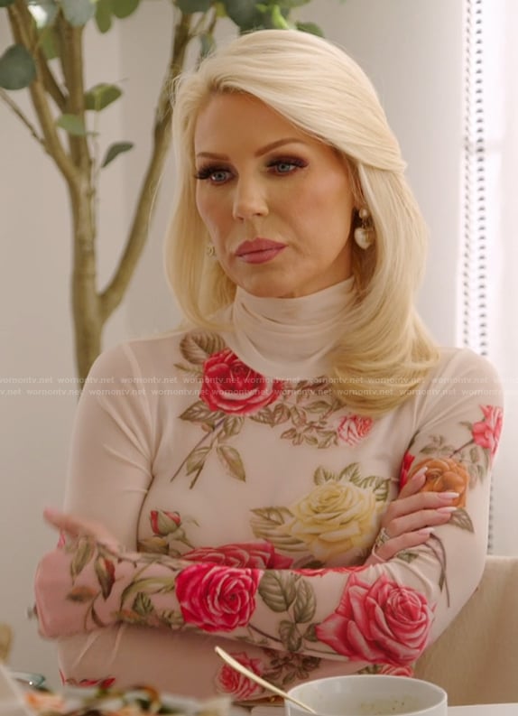 Gretchen's floral mesh top on The Real Housewives of Orange County