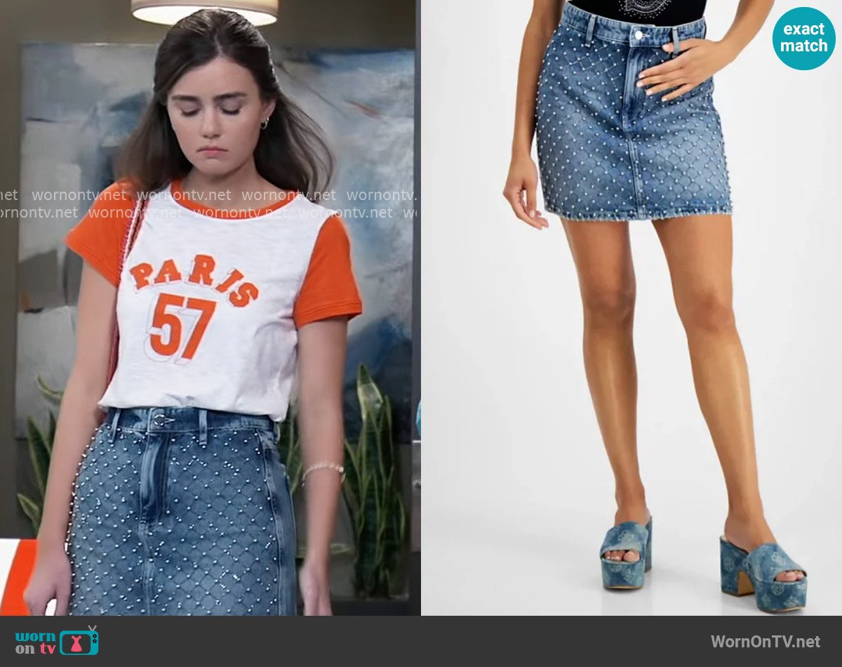Guess Carol Cotton Embellished Mini Denim Skirt worn by Emma Scorpio-Drake (Braedyn Bruner) on General Hospital