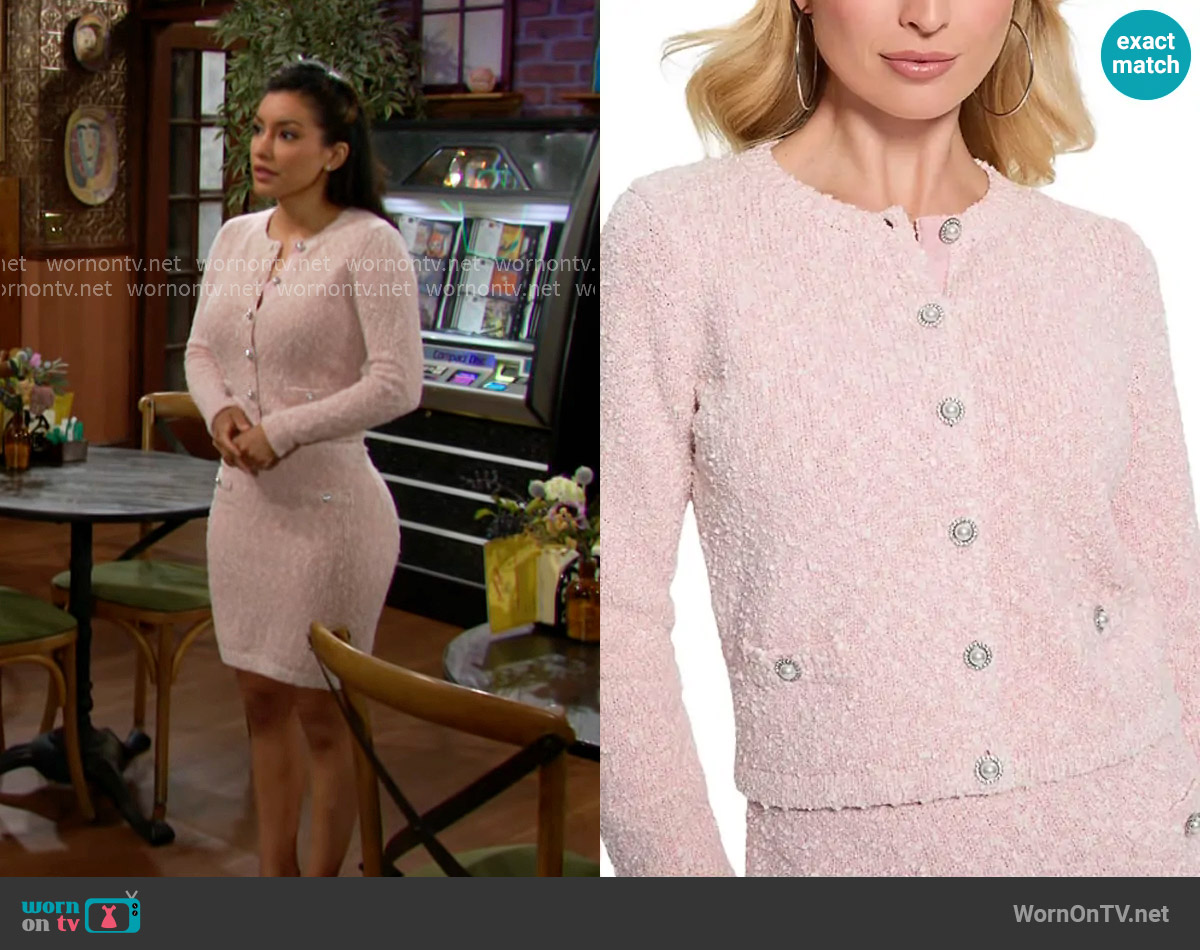 Guess Dorothy Boucle Cropped Cardigan worn by Audra Charles (Zuleyka Silver) on The Young and the Restless