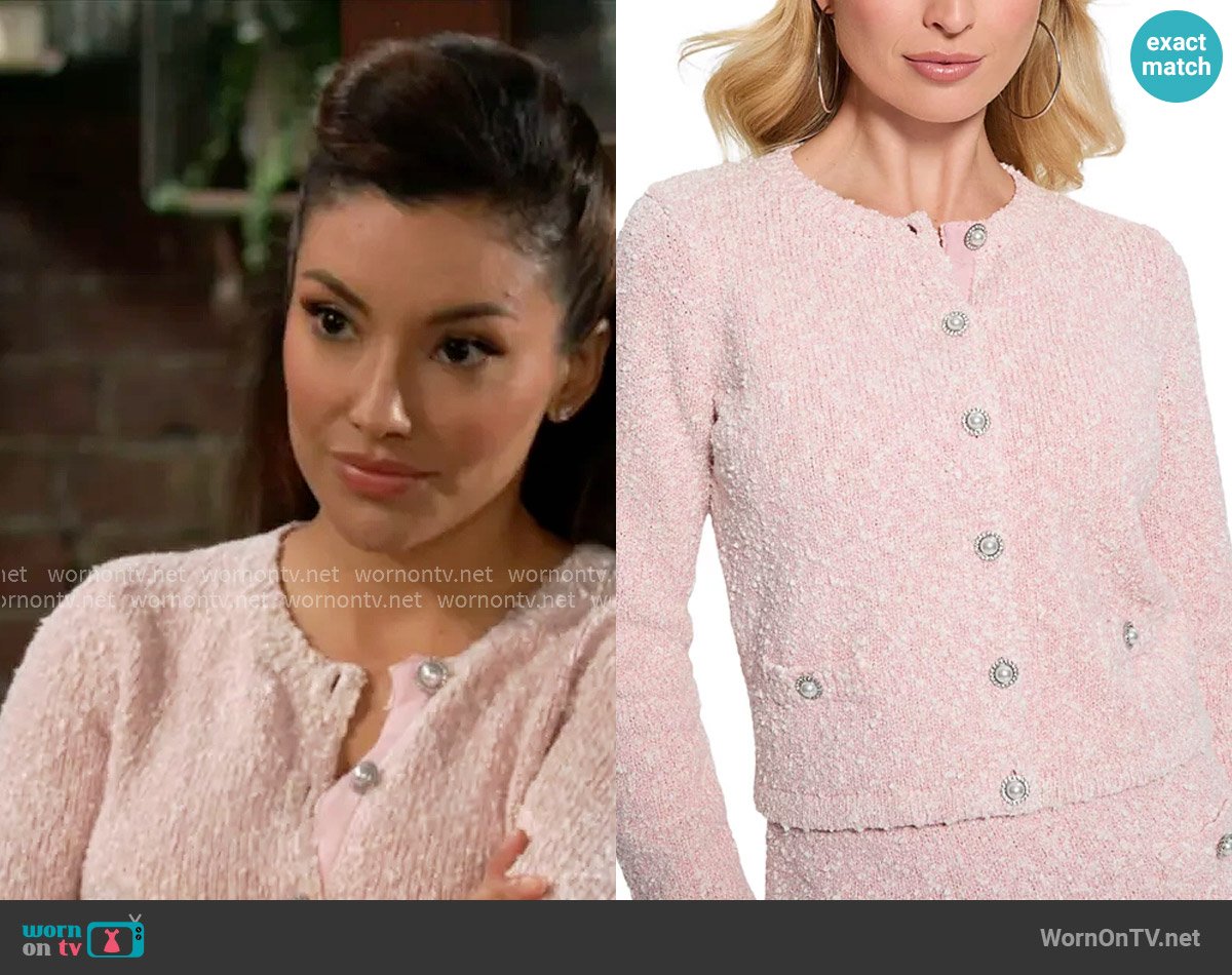 Guess Dorothy Boucle Cropped Cardigan worn by Audra Charles (Zuleyka Silver) on The Young and the Restless