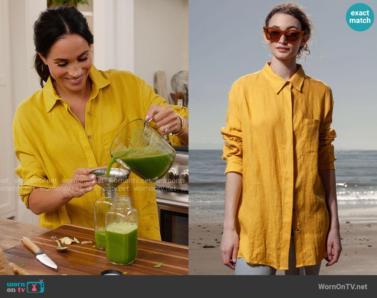 Heidi Merrick JJ Shirt in Jaune Linen worn by Meghan Markle on With Love Meghan