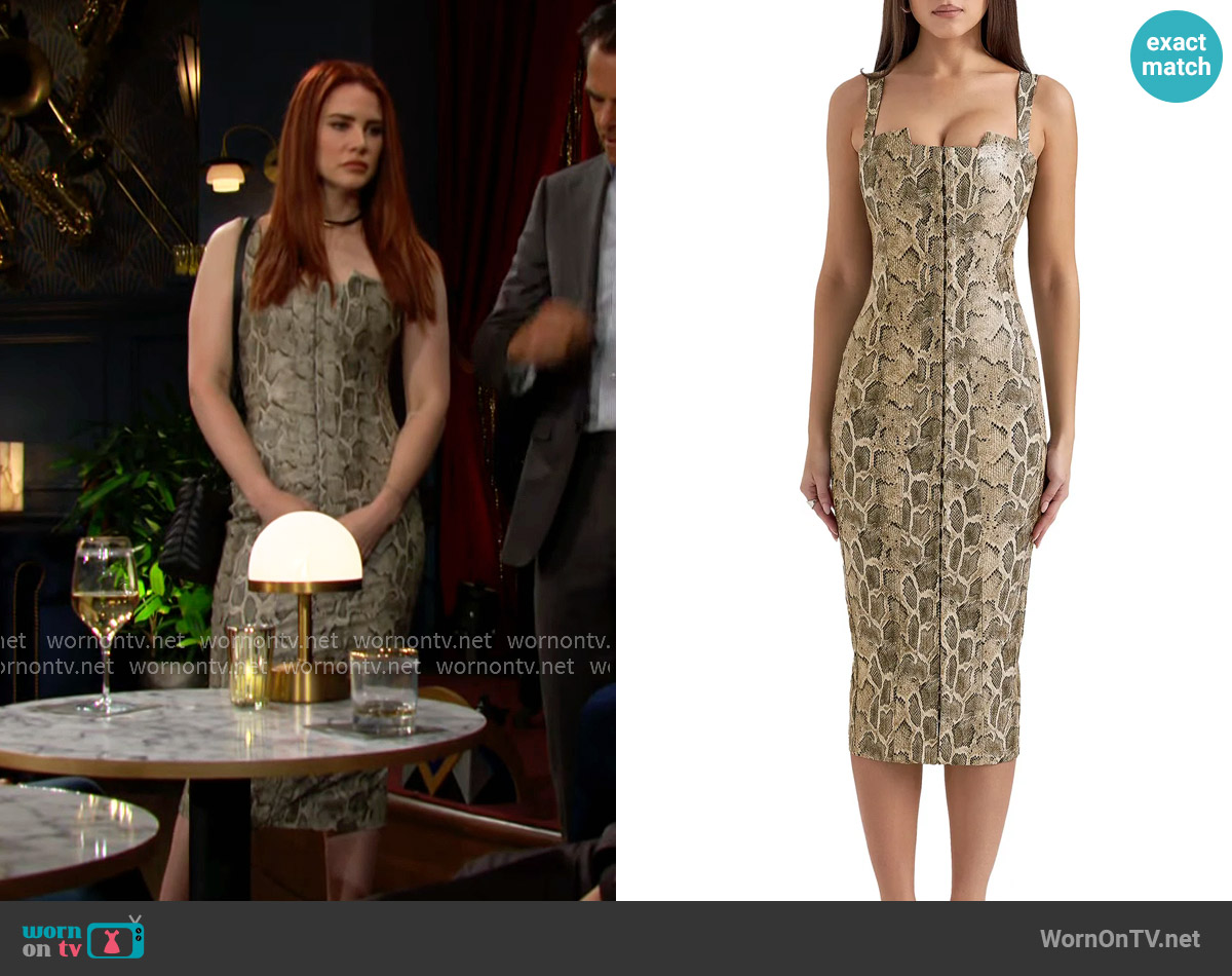 House of CB Gracie Panelled Faux Leather Midi Cocktail Dress worn by Sally Spectra (Courtney Hope) on The Young and the Restless
