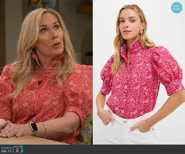 Hyacinth House Red & Pink Viney Floral Louisa Blouse worn by Leanne Murphy (Leanne Morgan) on Leanne