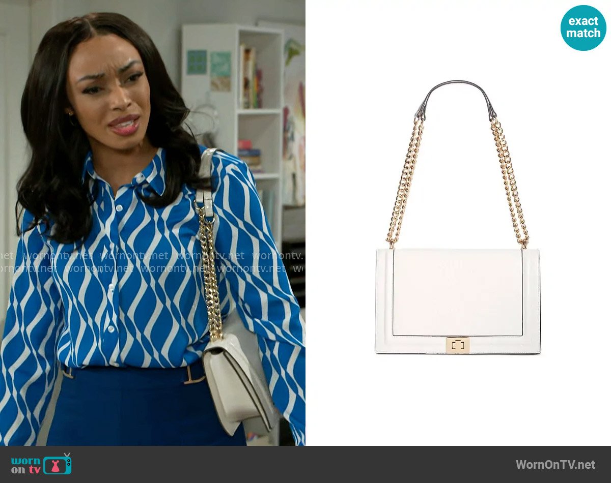 INC International Concepts Ajae Flap Crossbody in Bone Croco/Gold worn by Madison Montgomery (Kenjah) on Beyond the Gates