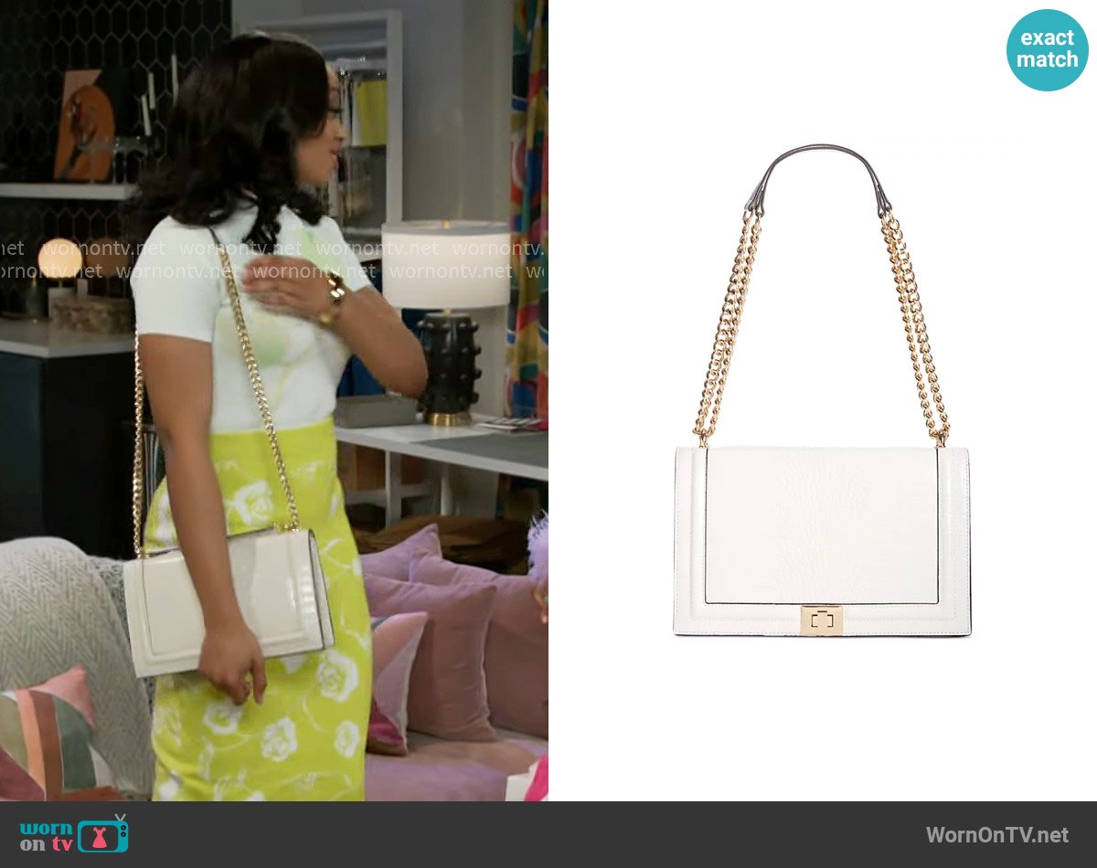 INC International Concepts Ajae Flap Crossbody in Bone Croco/Gold worn by Madison Montgomery (Kenjah) on Beyond the Gates