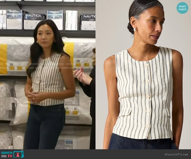 J. Crew Crewneck Vest in striped linen Beige worn by Kathy Park on Today