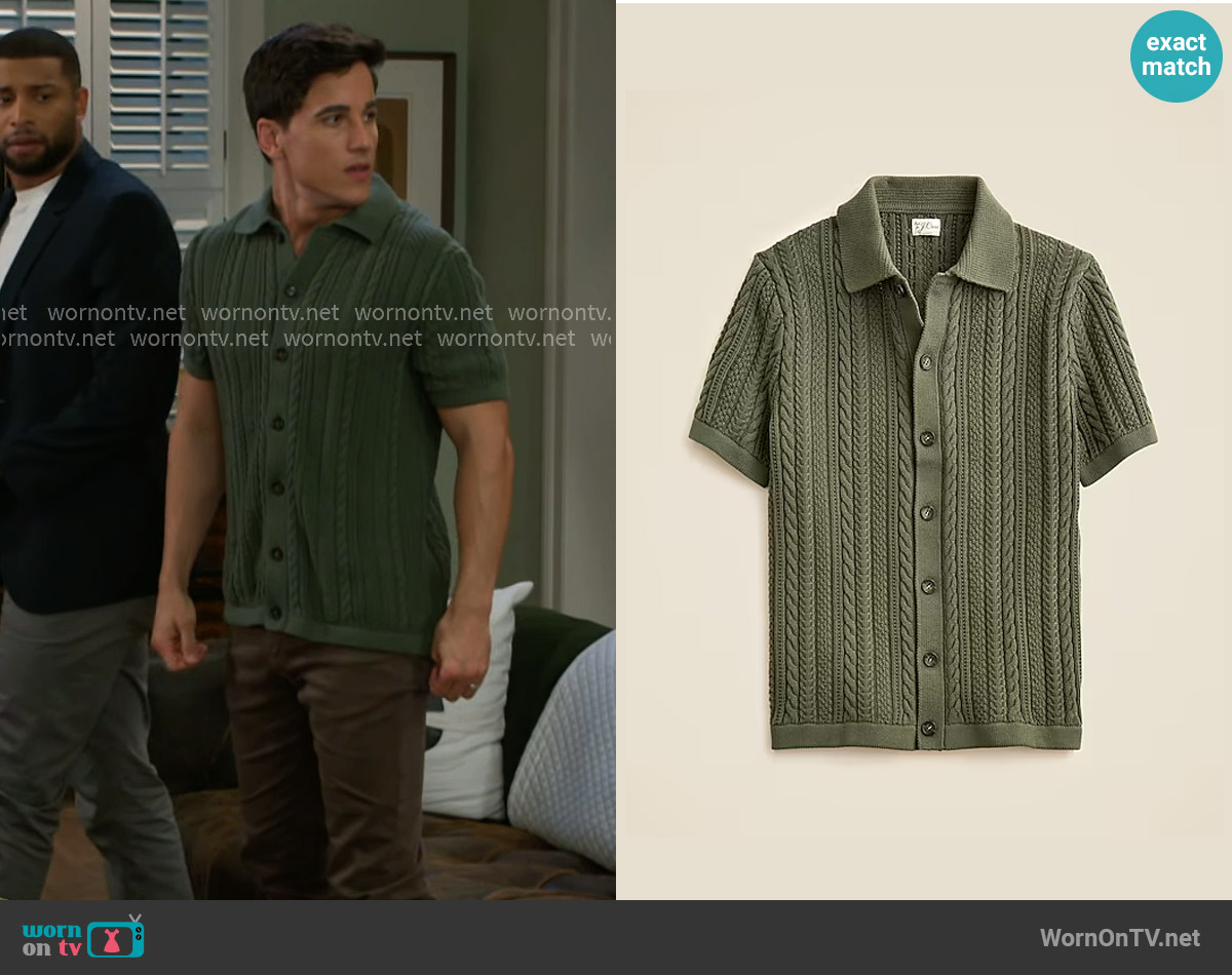 J. Crew Short-sleeve cotton cable-knit cardigan sweater-polo in Cool Cyprus worn by Bradley 'Smitty' Smith (Mike Manning) on Beyond the Gates