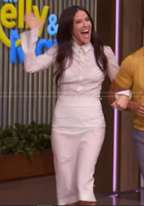 Jackie Tohn’s mint sheer blouse and skirt on Live with Kelly and Mark