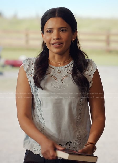 Jackie's blue lace trim top on My Life with the Walter Boys