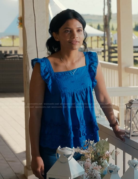 Jackie’s blue square neck top on My Life with the Walter Boys