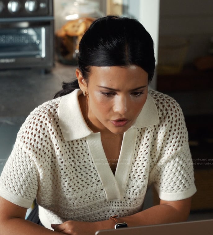Jackie's white crochet knit polo on My Life with the Walter Boys