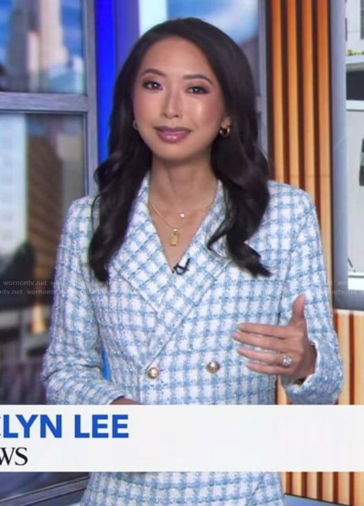 Jaclyn Lee's blue tweed blazer and mini skirt on Good Morning America