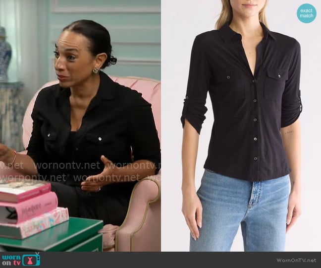 James Perse Cotton V-Neck Button-Up Shirt worn by Michelle Miller on CBS Mornings