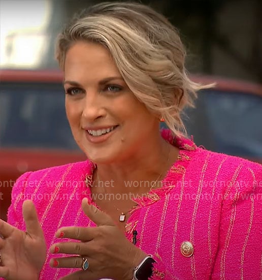 Jamie Yuccas’ pink striped tweed jacket on CBS Mornings