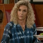 Jan’s blue tie dye top on Beyond the Gates