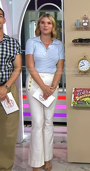 Jenna's blue textured polo and white flare pants on Today