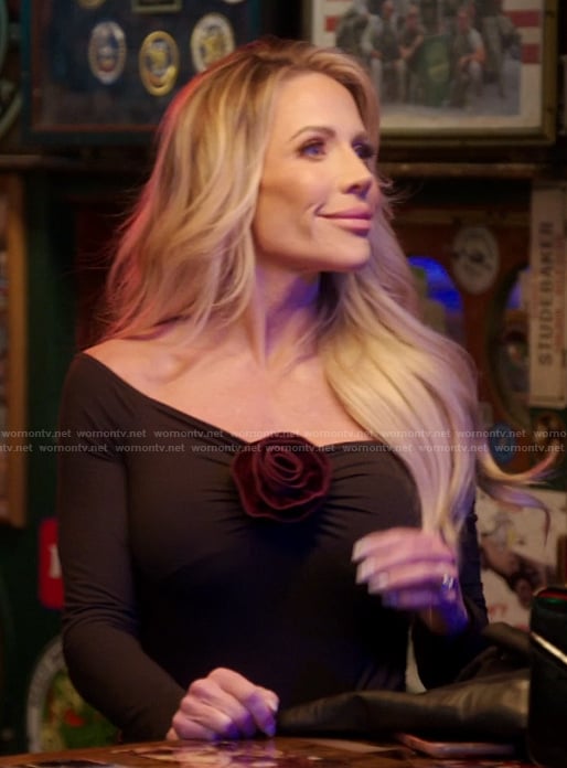 Jennifer's black floral off shoulder top on The Real Housewives of Orange County
