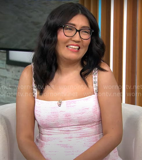Jenny Han’s pink tweed dress on CBS Mornings