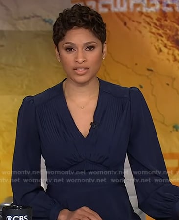 Jericka's navy pleated v-neck dress on CBS Evening News